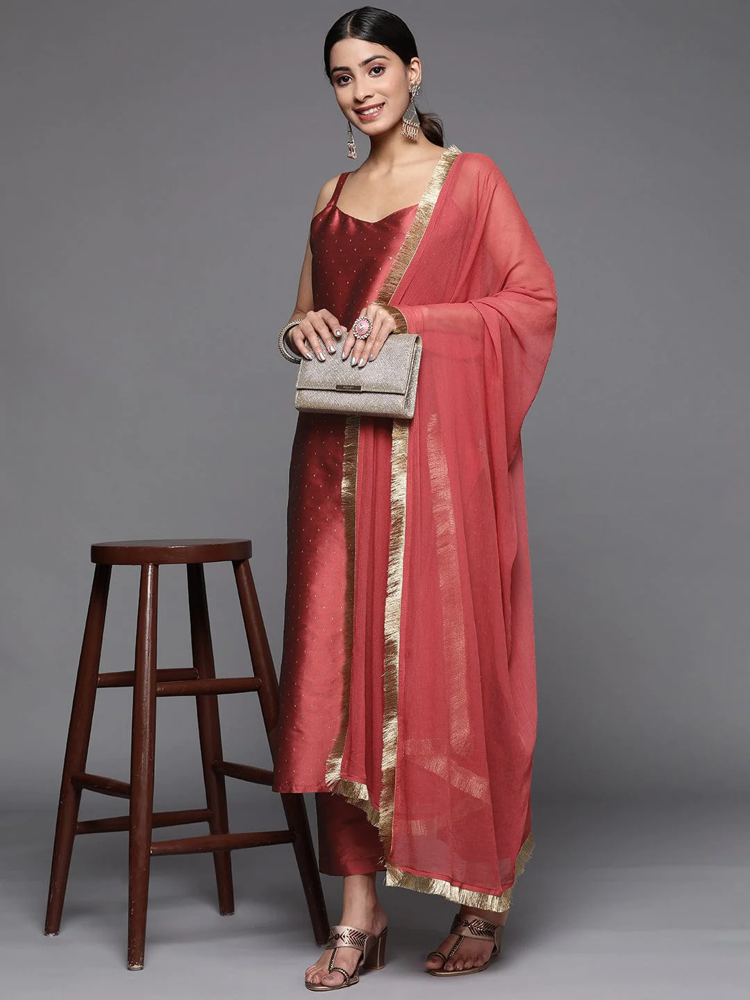 Metallic Maroon Embroidered Straight Kurta, Round Neck With Side Slits