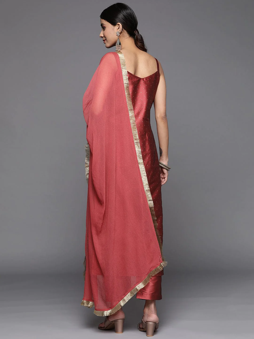 Metallic Maroon Embroidered Straight Kurta, Round Neck With Side Slits