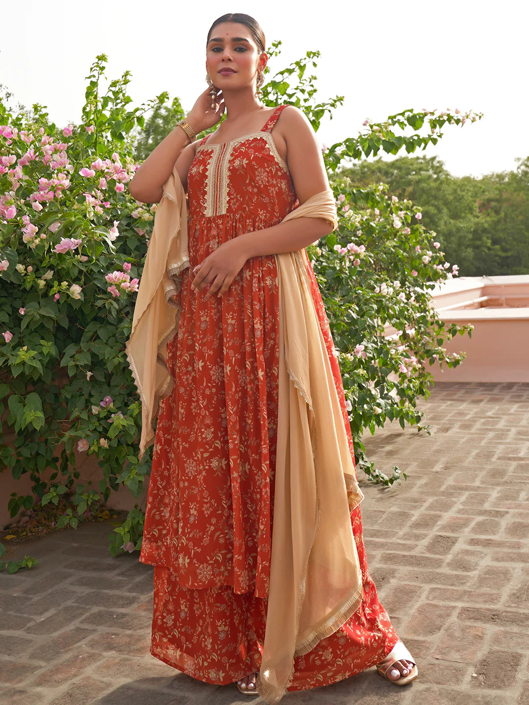 Rustic Orange Georgette Embellished Kurta & Palazzo Set