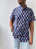 Men Short Sleeve Shirt - Blue Block Prints