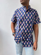 Men Short Sleeve Shirt - Blue Block Prints