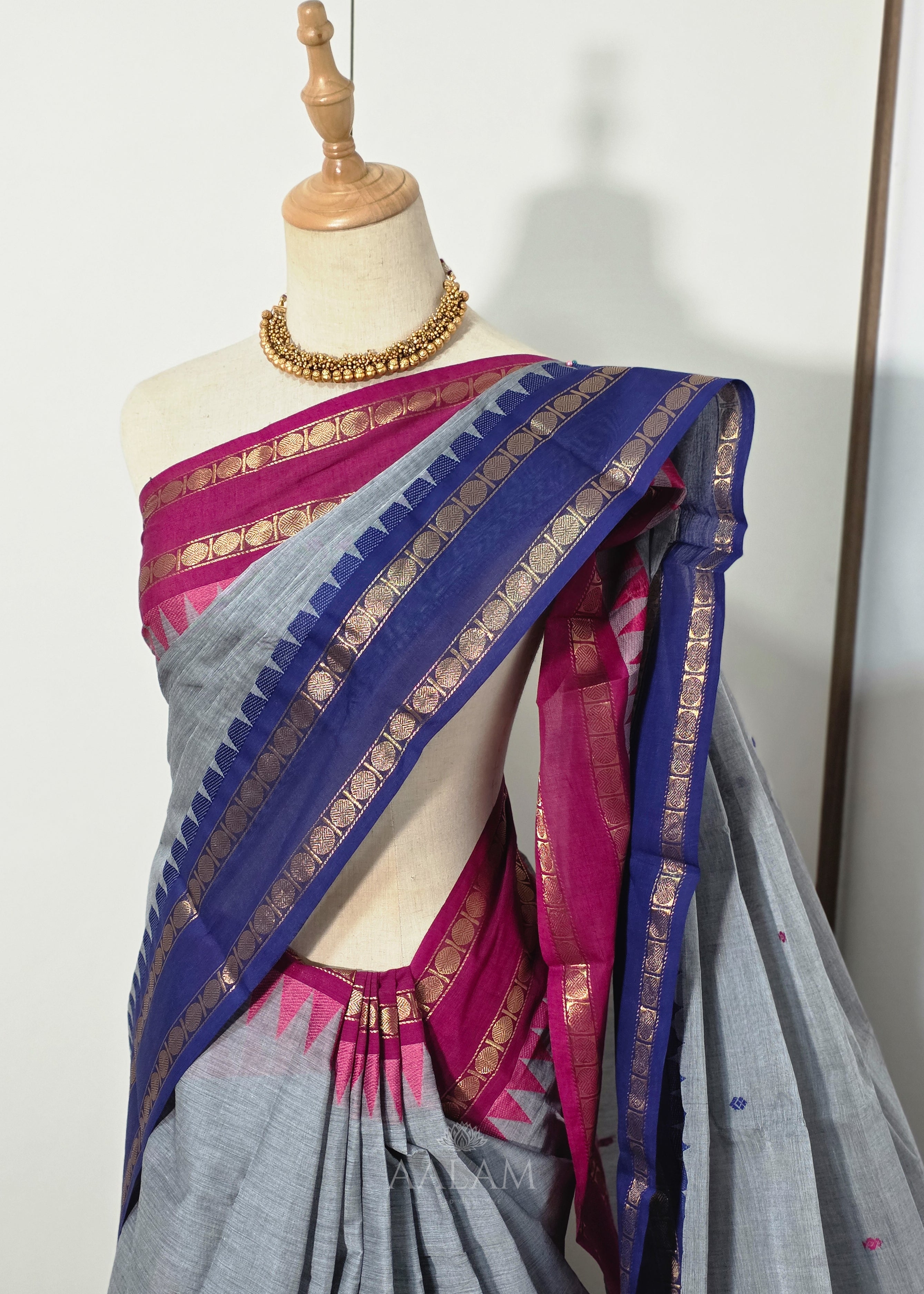 Gray Cotton Saree with Red and Navy Blue Dual Border