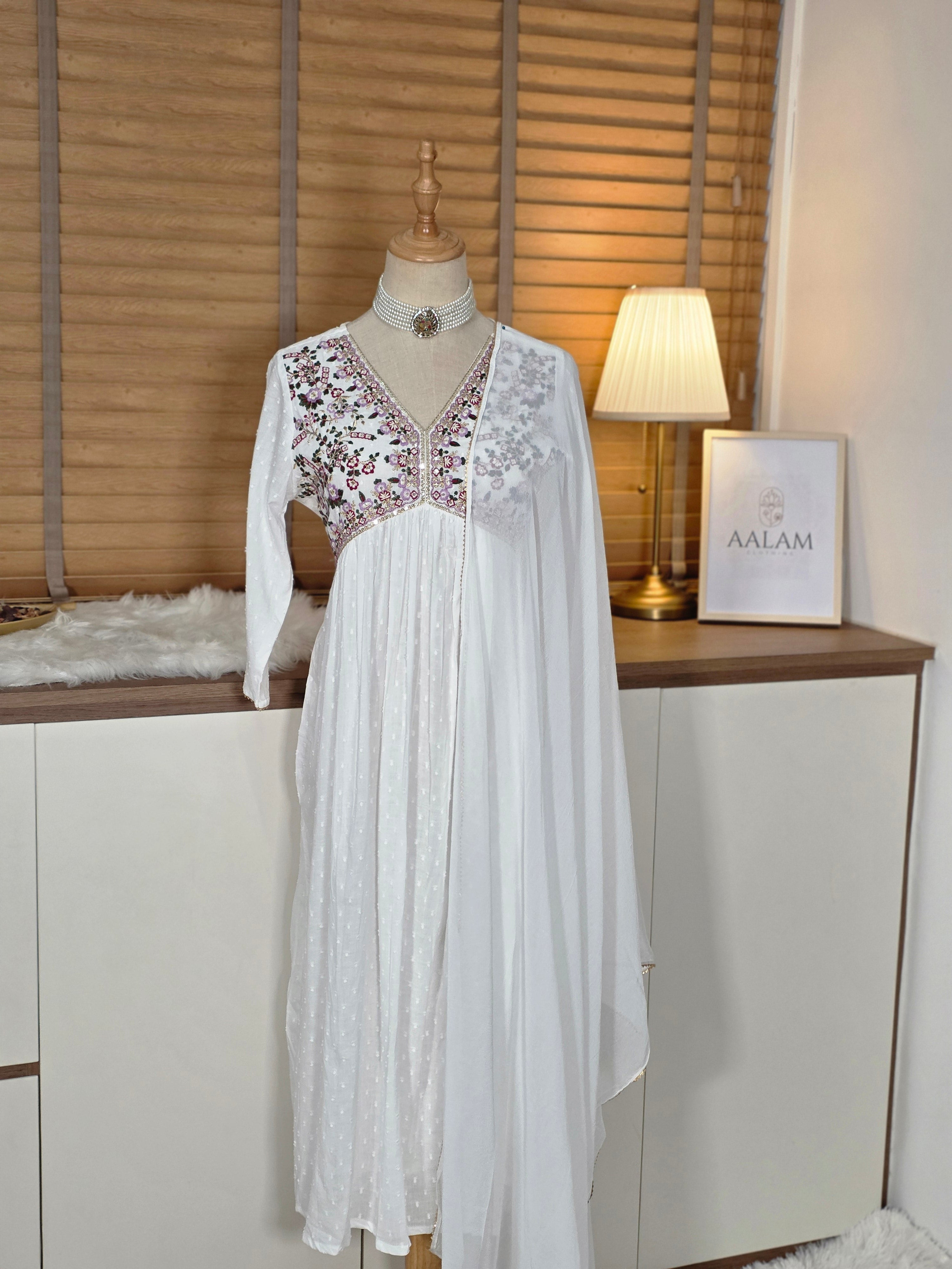 White Pure Cotton Embroidered A-line Kurta Set