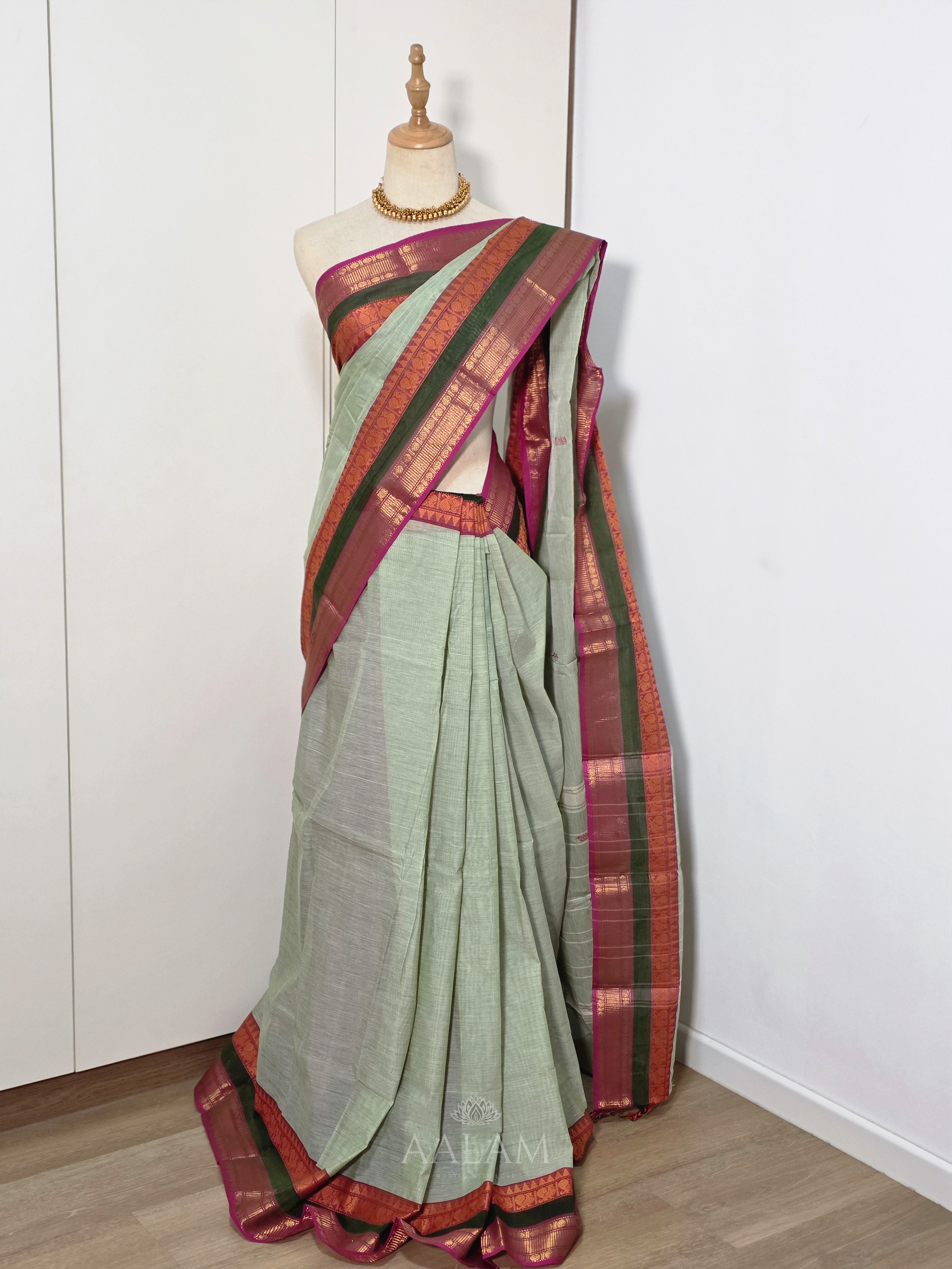 Sage Green Cotton Saree with Olive Green and Pink Border