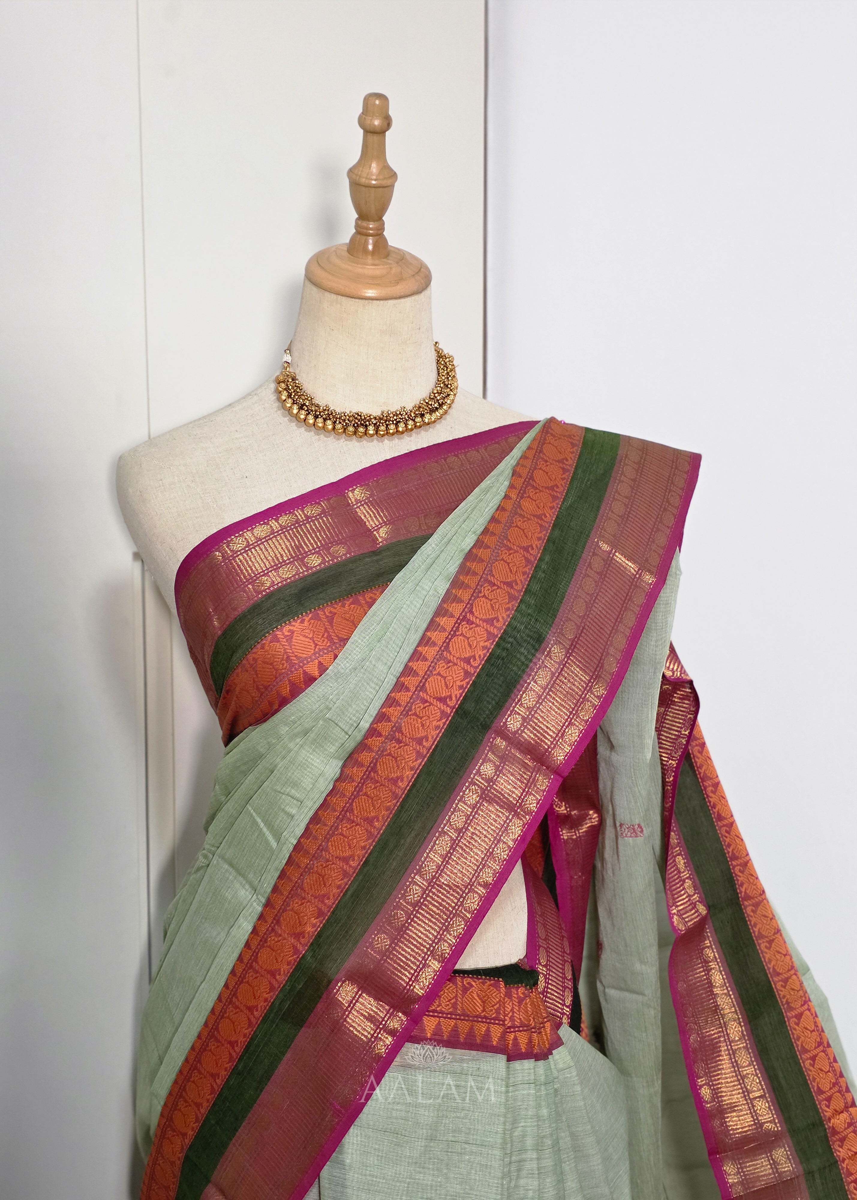 Sage Green Cotton Saree with Olive Green and Pink Border