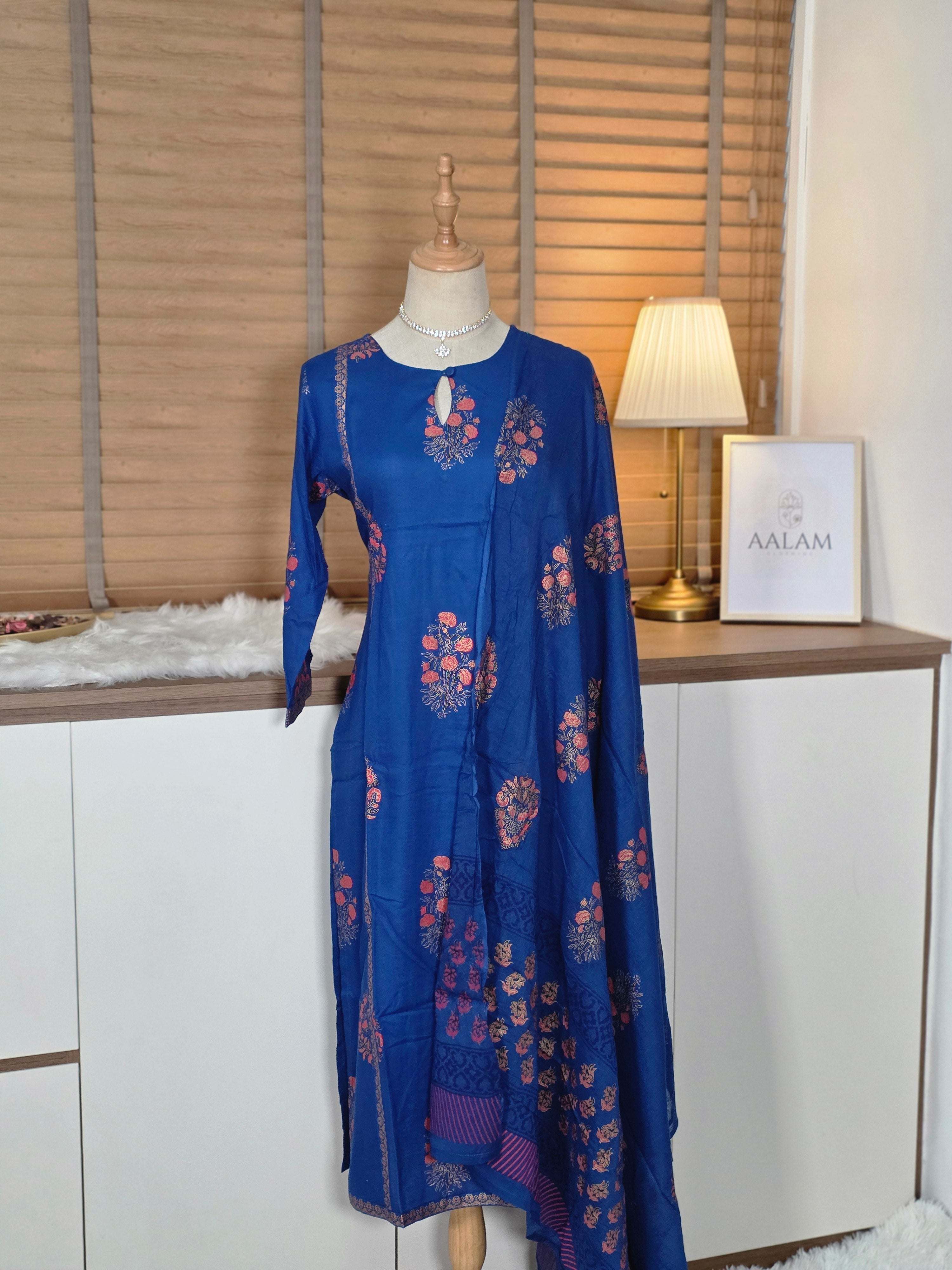 Royal Blue Rayon Gold Floral Printed Straight Kurta Set