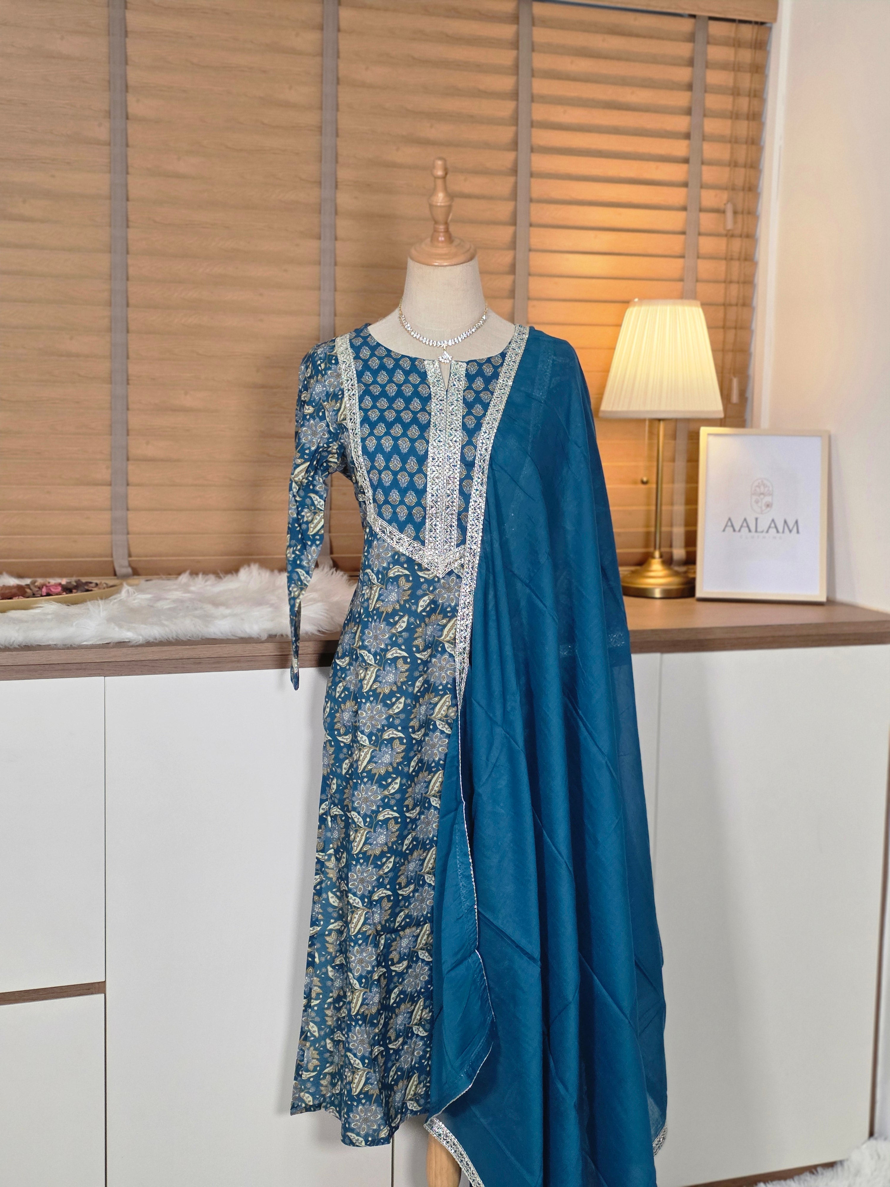 Teal Blue Pure Cotton Yoke Design Floral Printed Straight Kurta Set