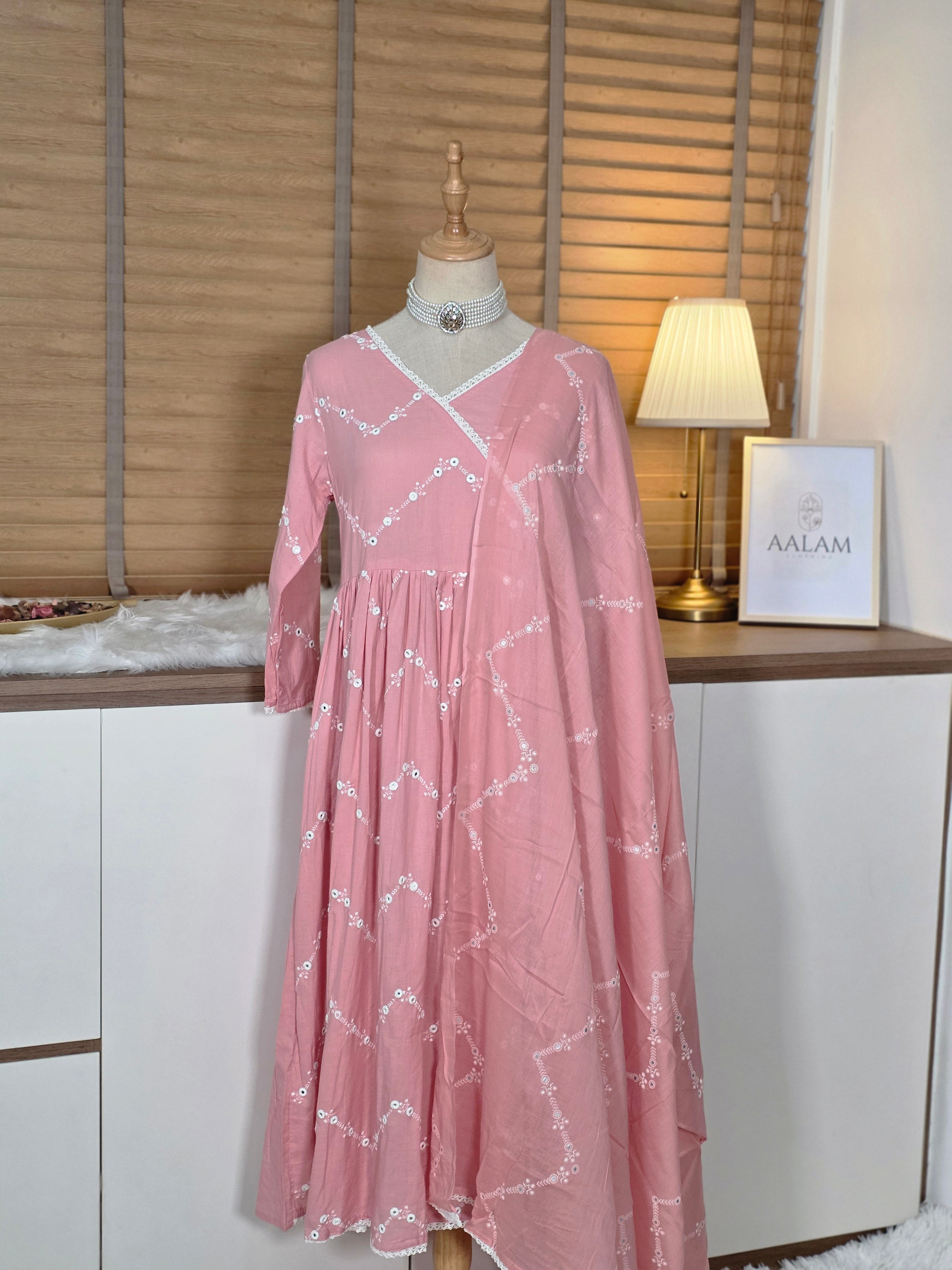 Peach Pure Cotton Embroidered A-line Kurta Set