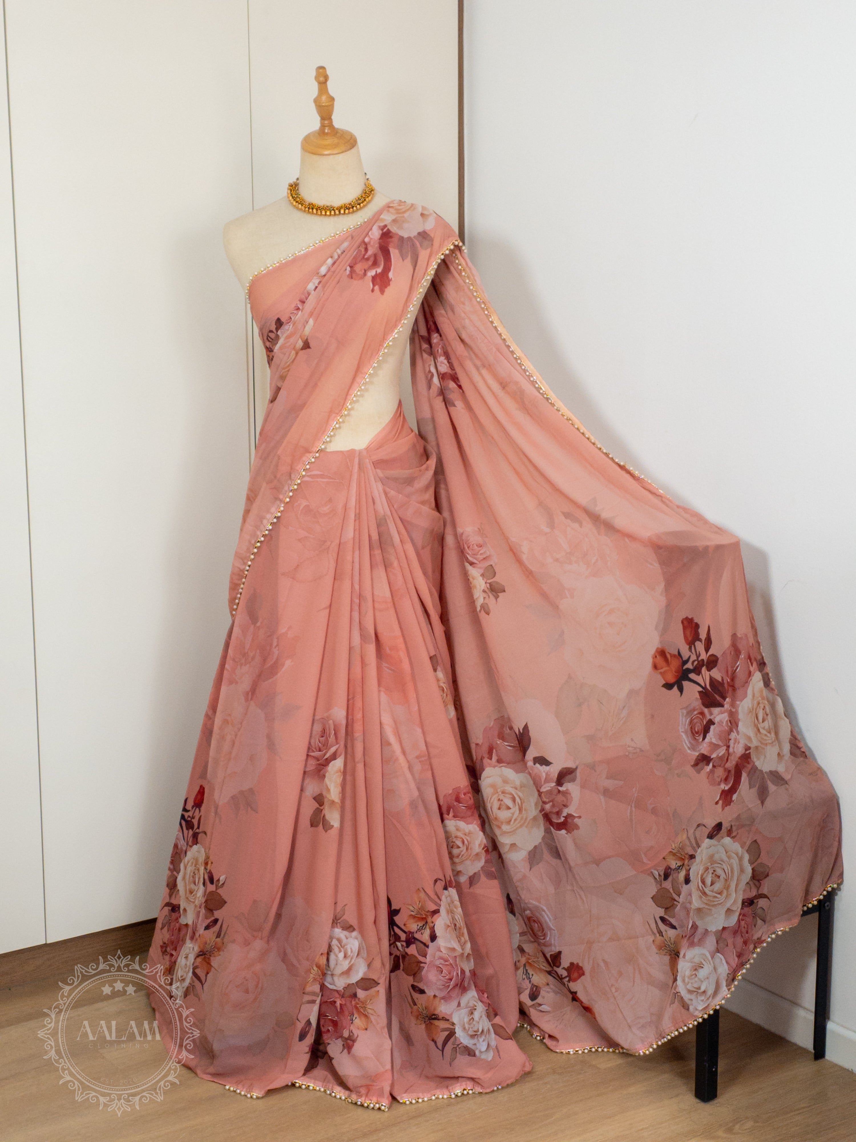 Floral Pearl Lace Saree - Dusky Pink