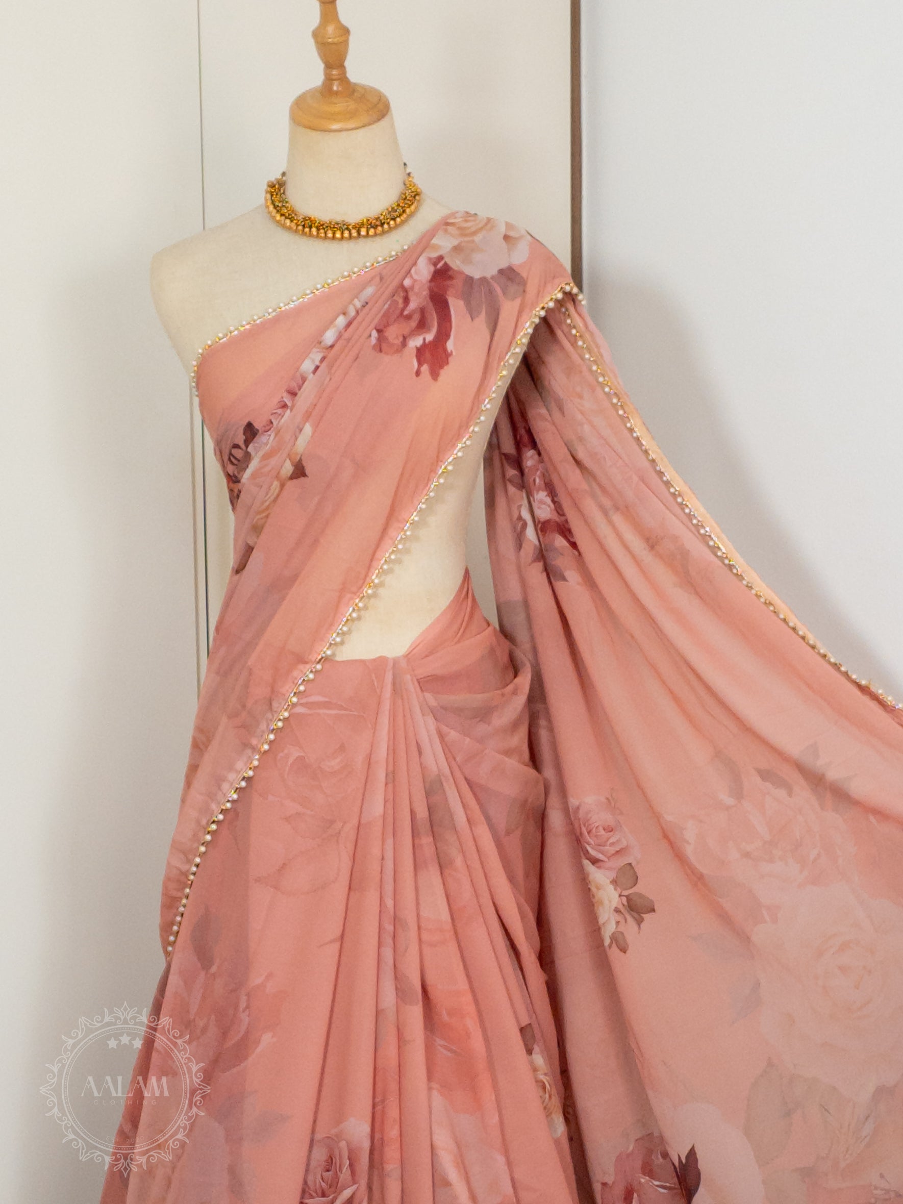 Floral Pearl Lace Saree - Dusky Pink
