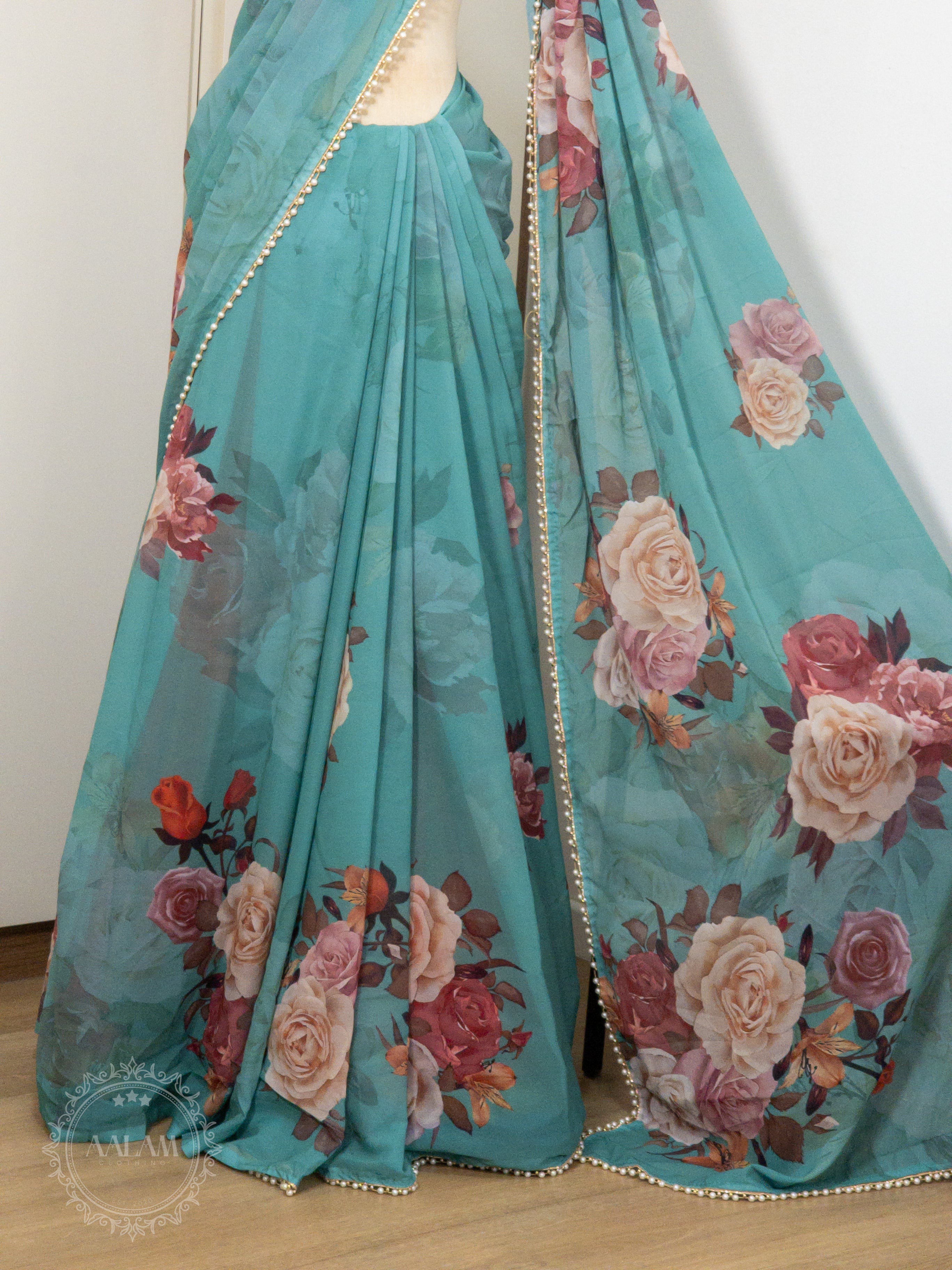 Georgette Pearl Lace Floral Saree - Sea Green