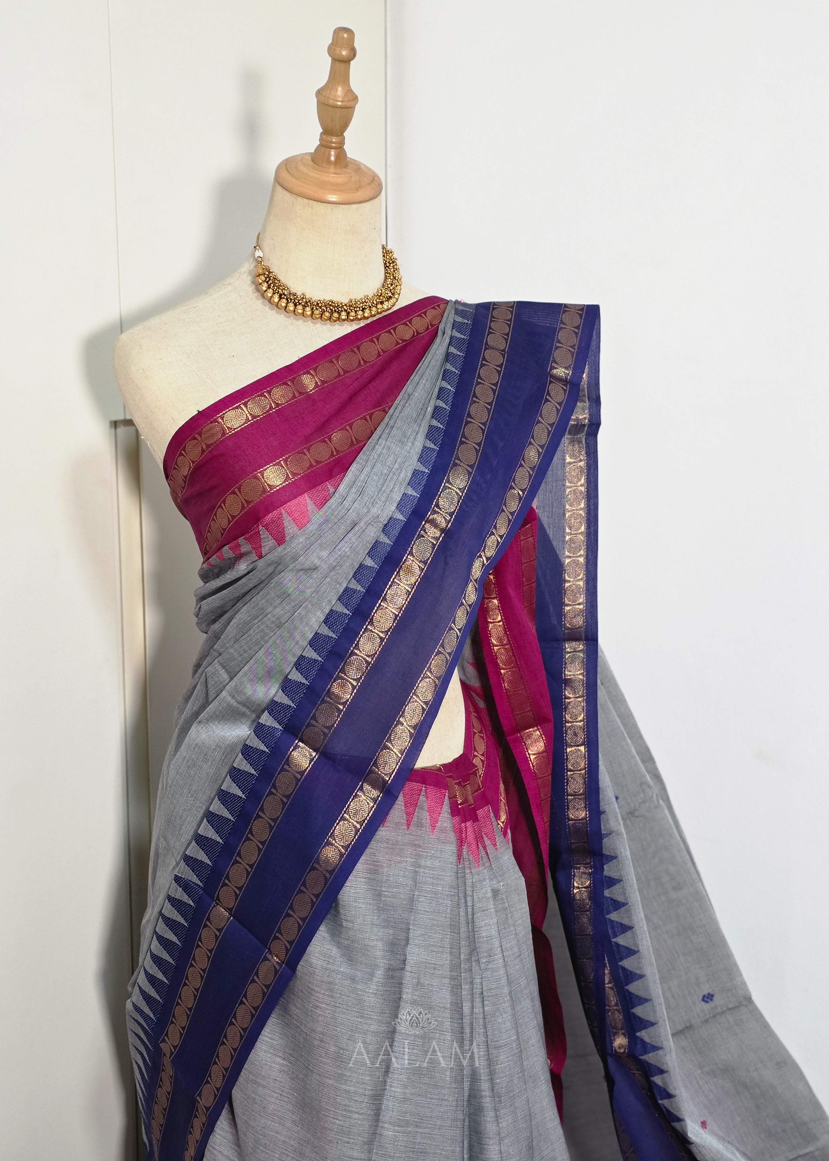 Gray Cotton Saree with Red and Navy Blue Dual Border