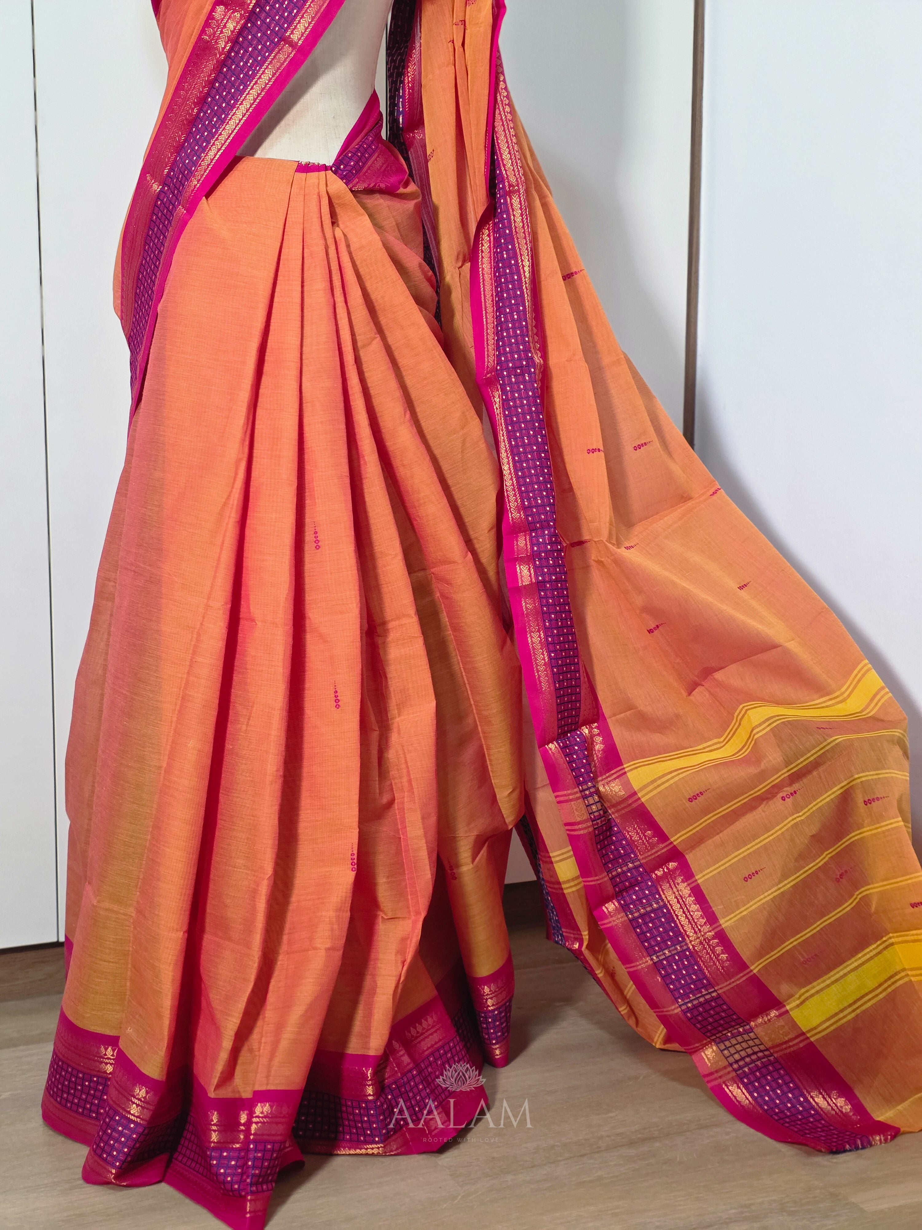 Orange Cotton Saree with Pink and Purple Border
