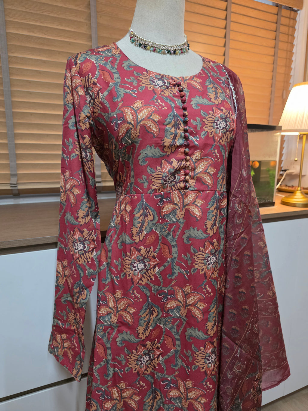 Anarkali - Brownish Maroon floral print