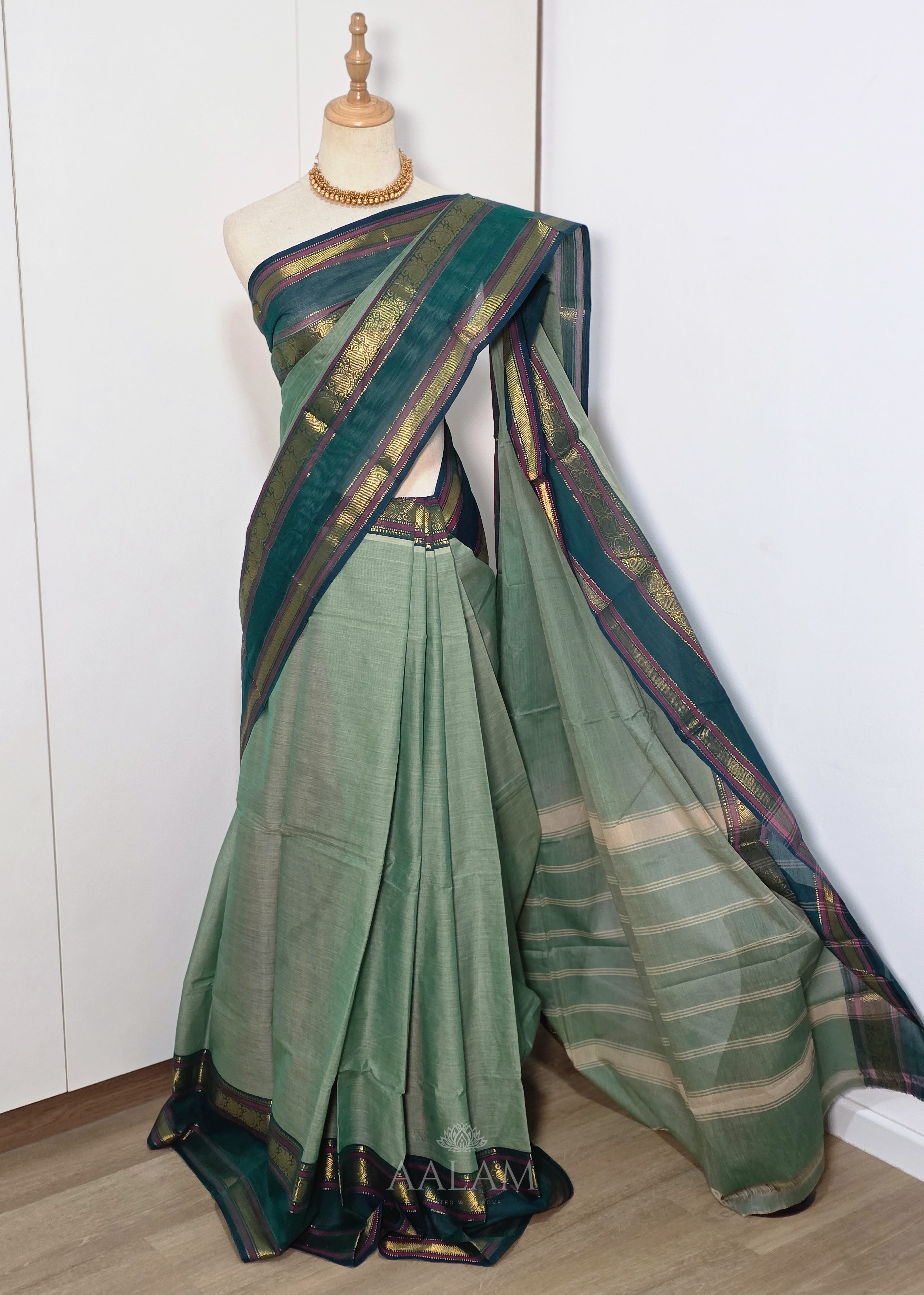 Pistachio Green Cotton Saree with Dark Green Border