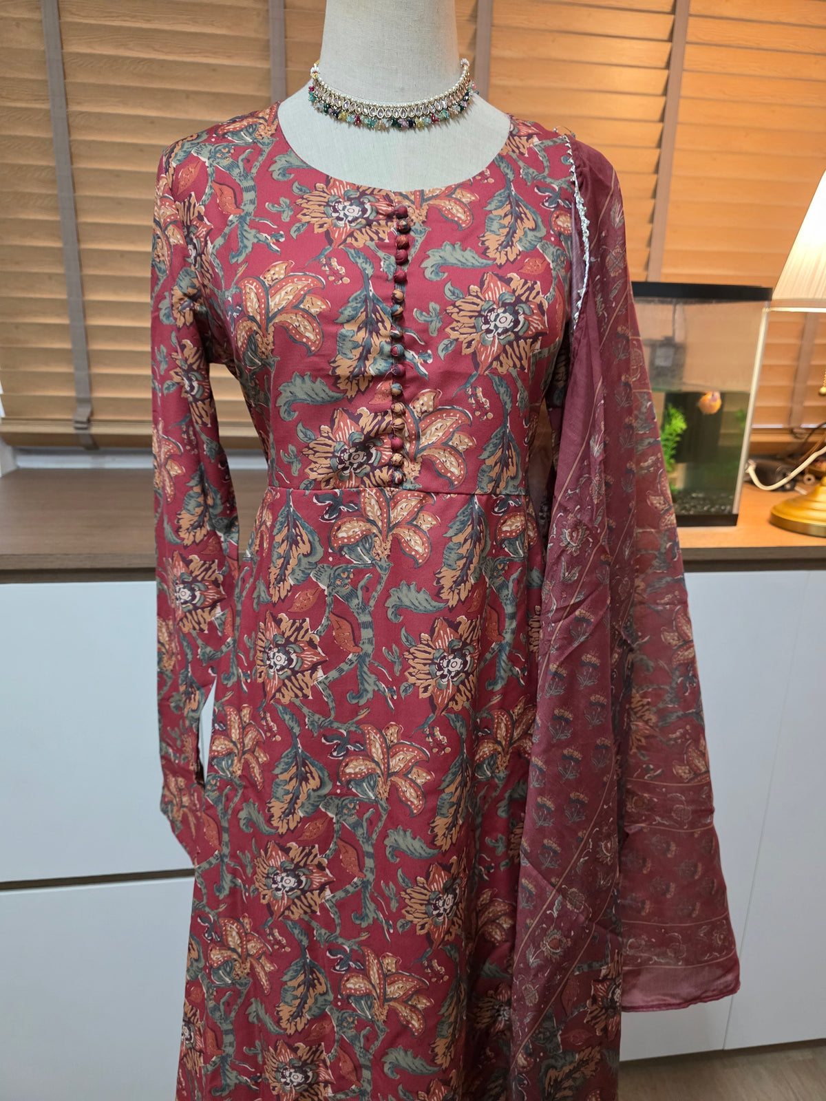Anarkali - Brownish Maroon floral print