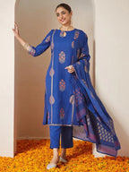 Royal Blue Rayon Gold Floral Printed Straight Kurta Set