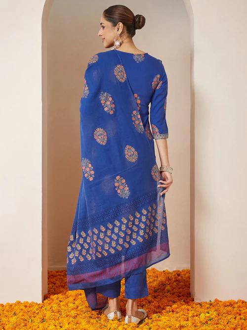 Royal Blue Rayon Gold Floral Printed Straight Kurta Set