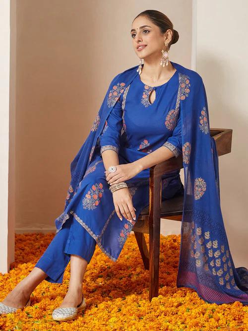 Royal Blue Rayon Gold Floral Printed Straight Kurta Set