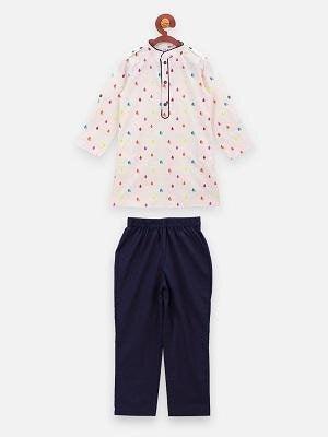 Droplets Print Kurta Pajama Set - Off-White & Navy Blue - AALAM