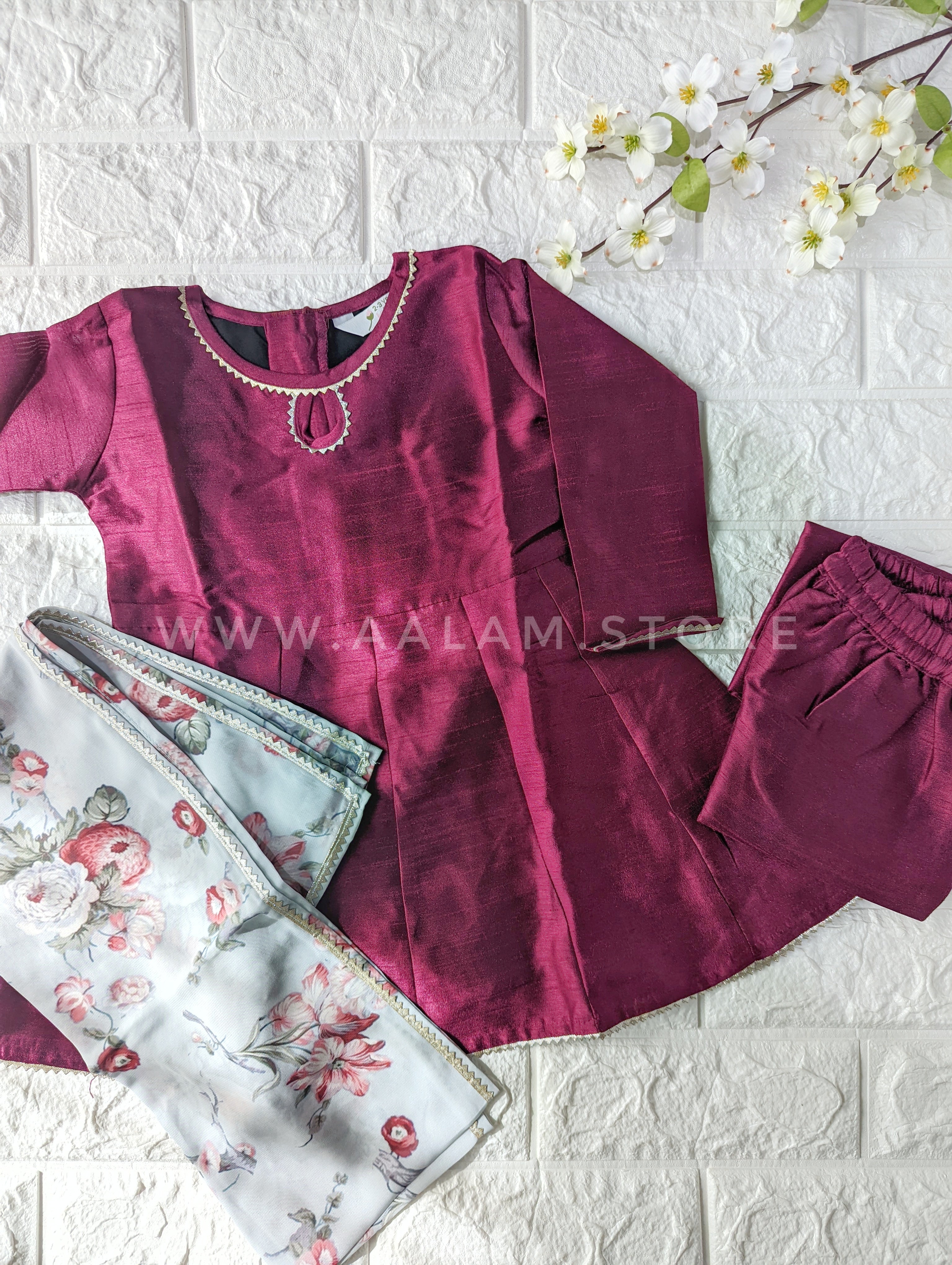 Magenta Anarkali Set with Grey Floral Dupatta (Kid)