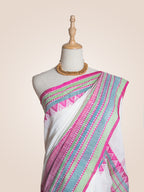 Handloom Mercerized Cotton Saree – White & Pink-Green