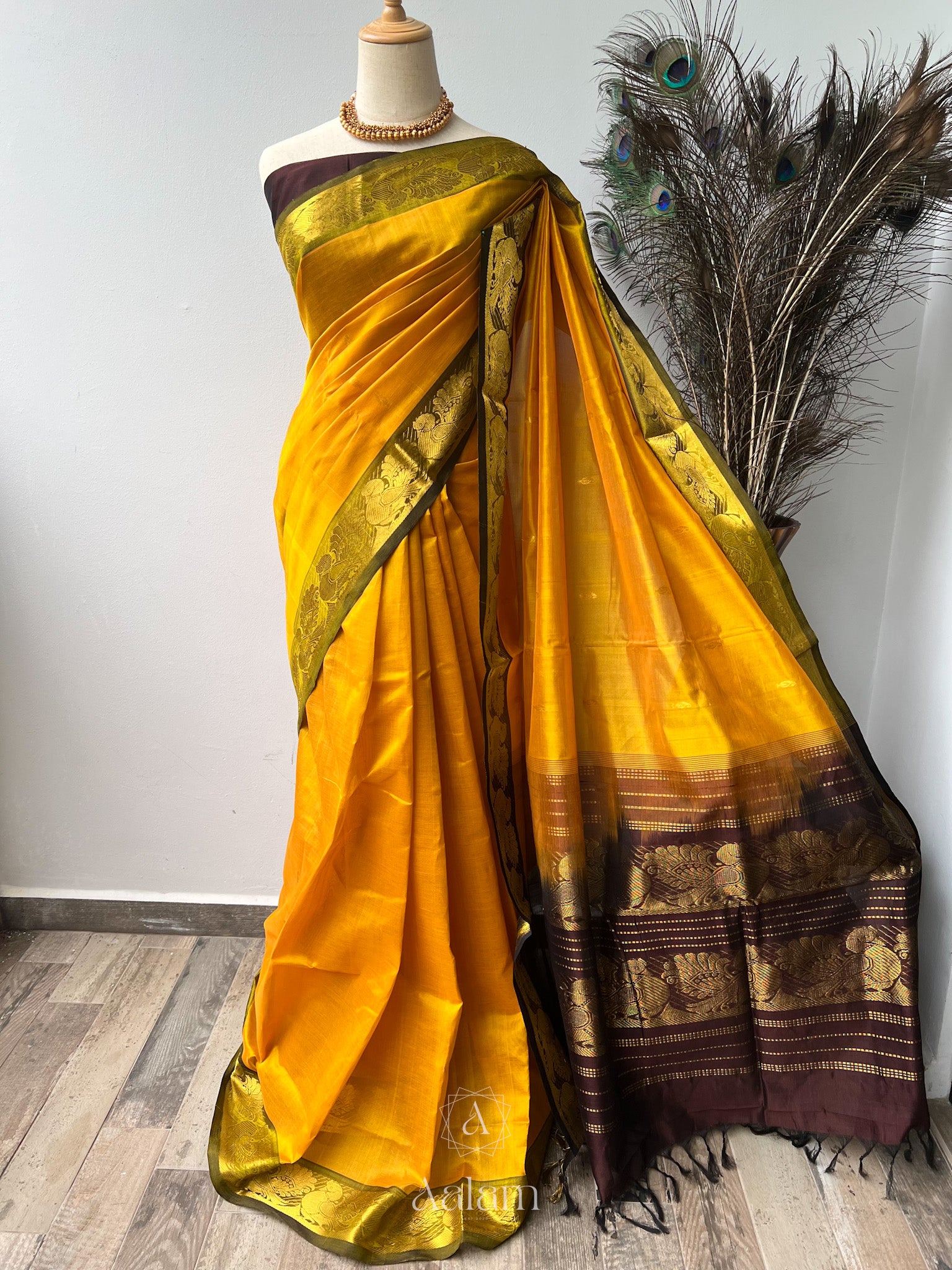 Silk Cotton - Peacock Border Mustard/Dark Brown