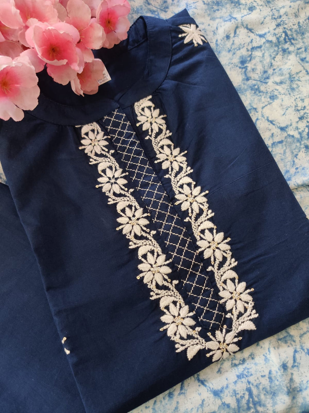 Liya - Embroidered Cotton Kurta Pant Set - Dark Blue