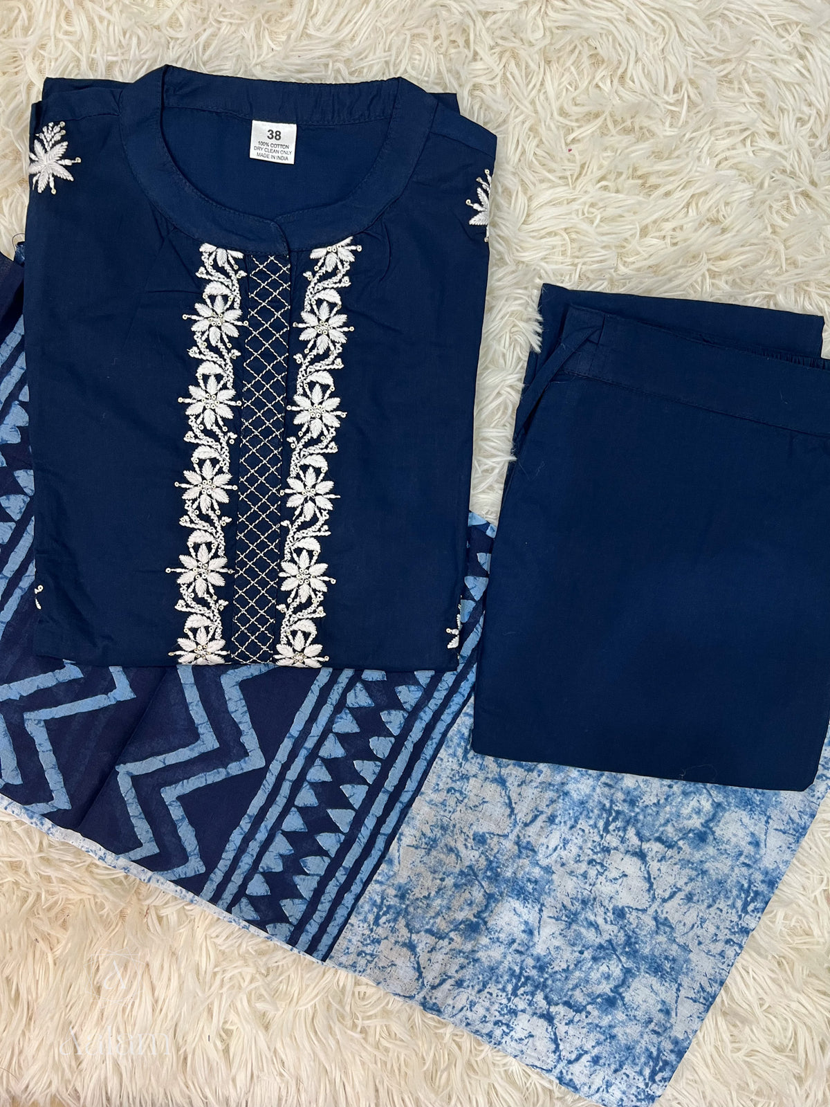 Liya - Embroidered Cotton Kurta Pant Set - Dark Blue