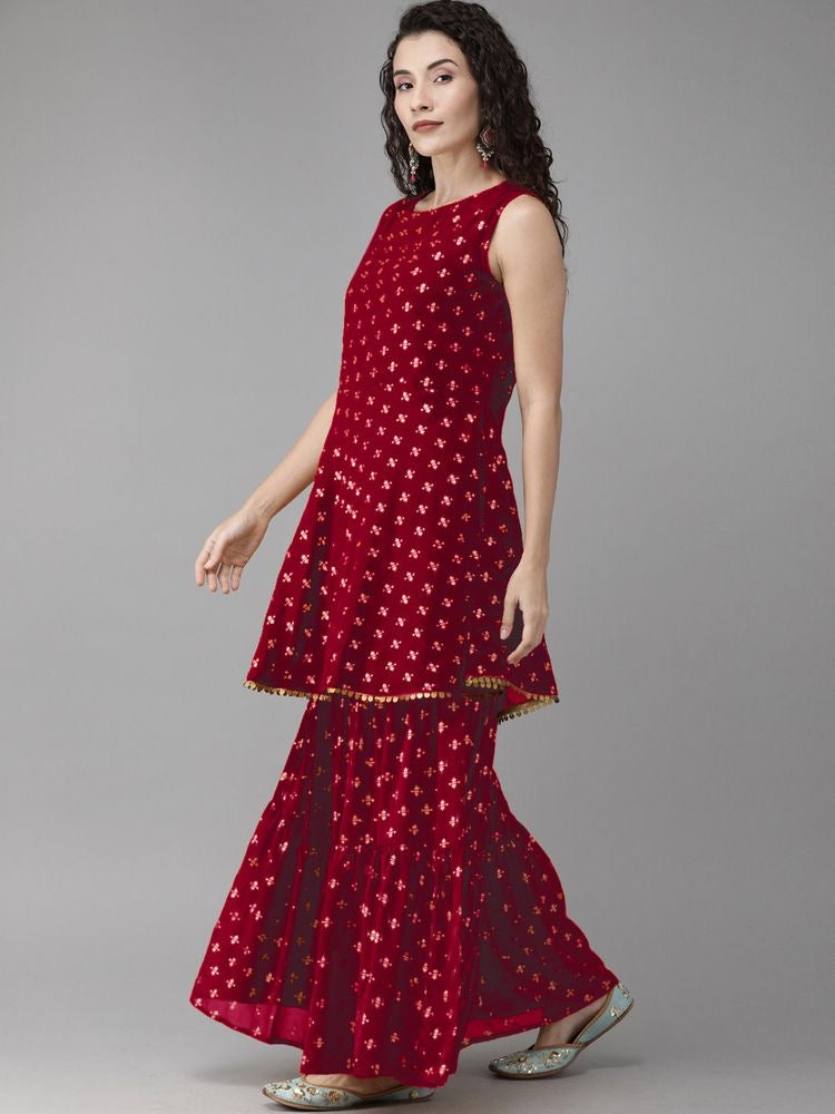 Kurthi Sharara Set - Maroon & Gold