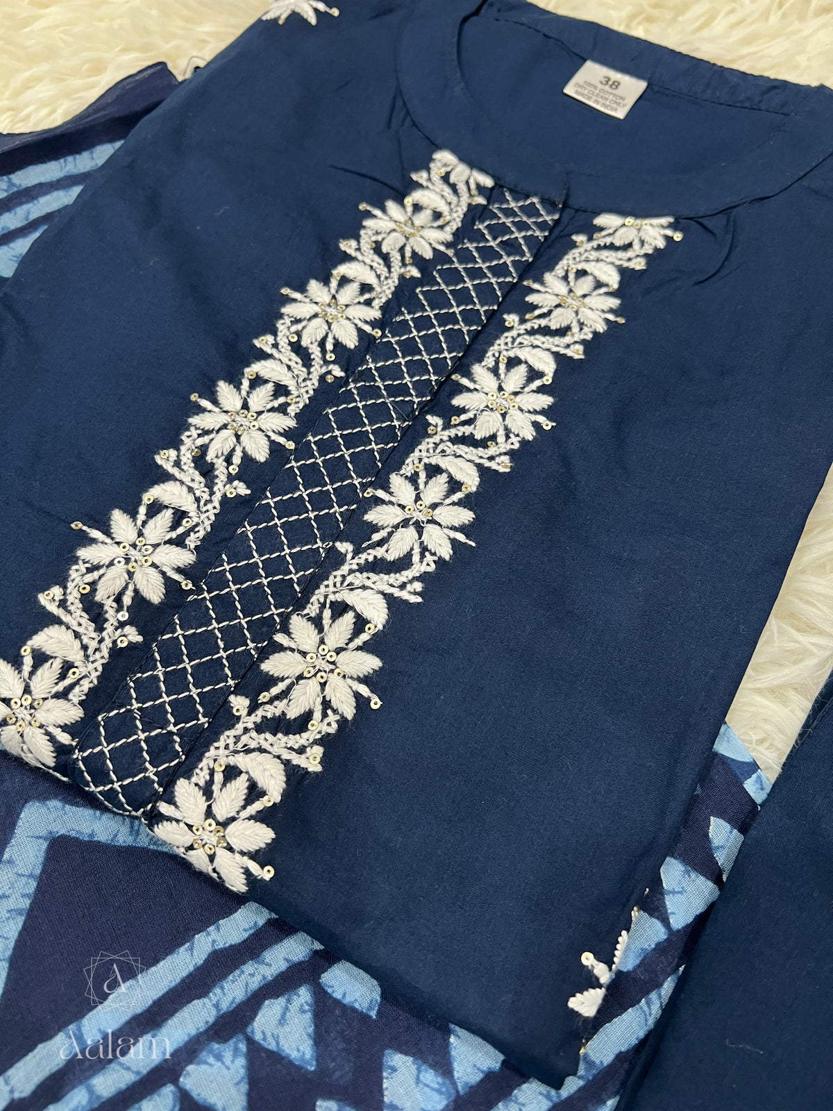 Liya - Embroidered Cotton Kurta Pant Set - Dark Blue