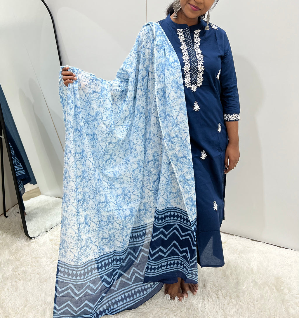 Liya - Embroidered Cotton Kurta Pant Set - Dark Blue