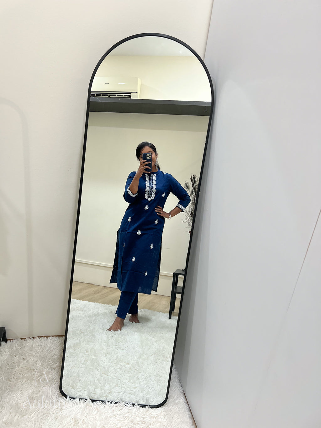 Liya - Embroidered Cotton Kurta Pant Set - Dark Blue