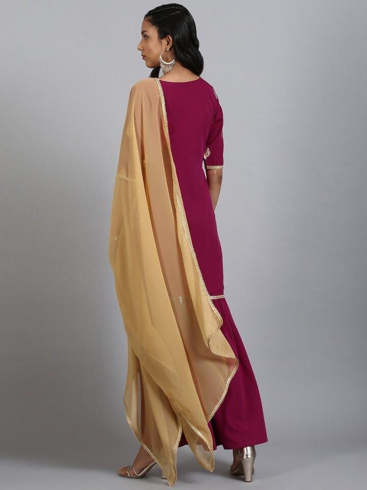 Poly Crepe Kurti With Sharara And Beige Dupatta