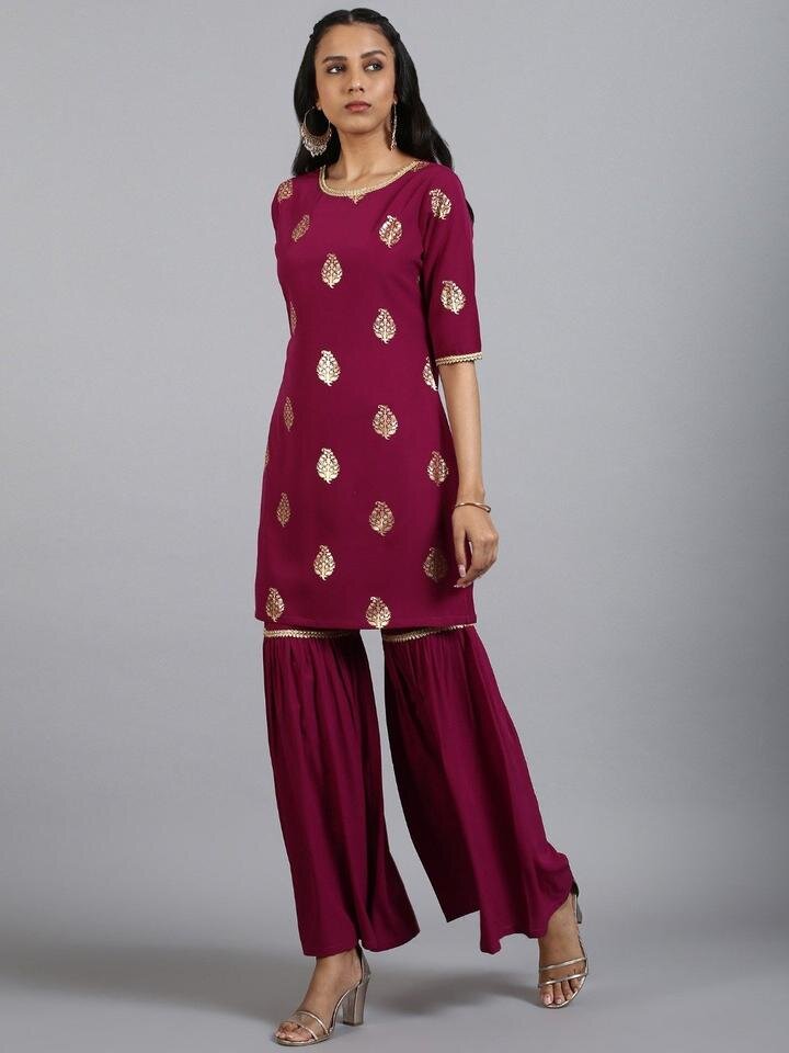 Poly Crepe Kurti With Sharara And Beige Dupatta