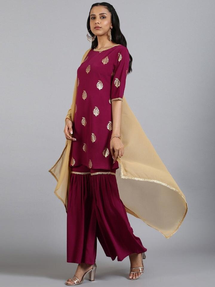 Poly Crepe Kurti With Sharara And Beige Dupatta